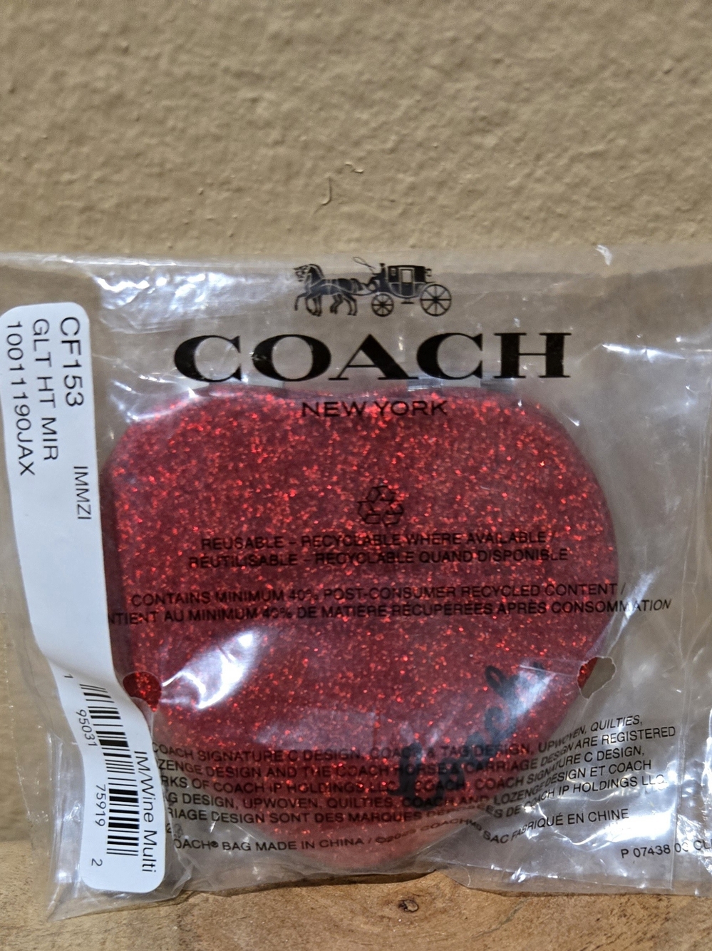 COACH Red Glitter Heart Compact Mirror